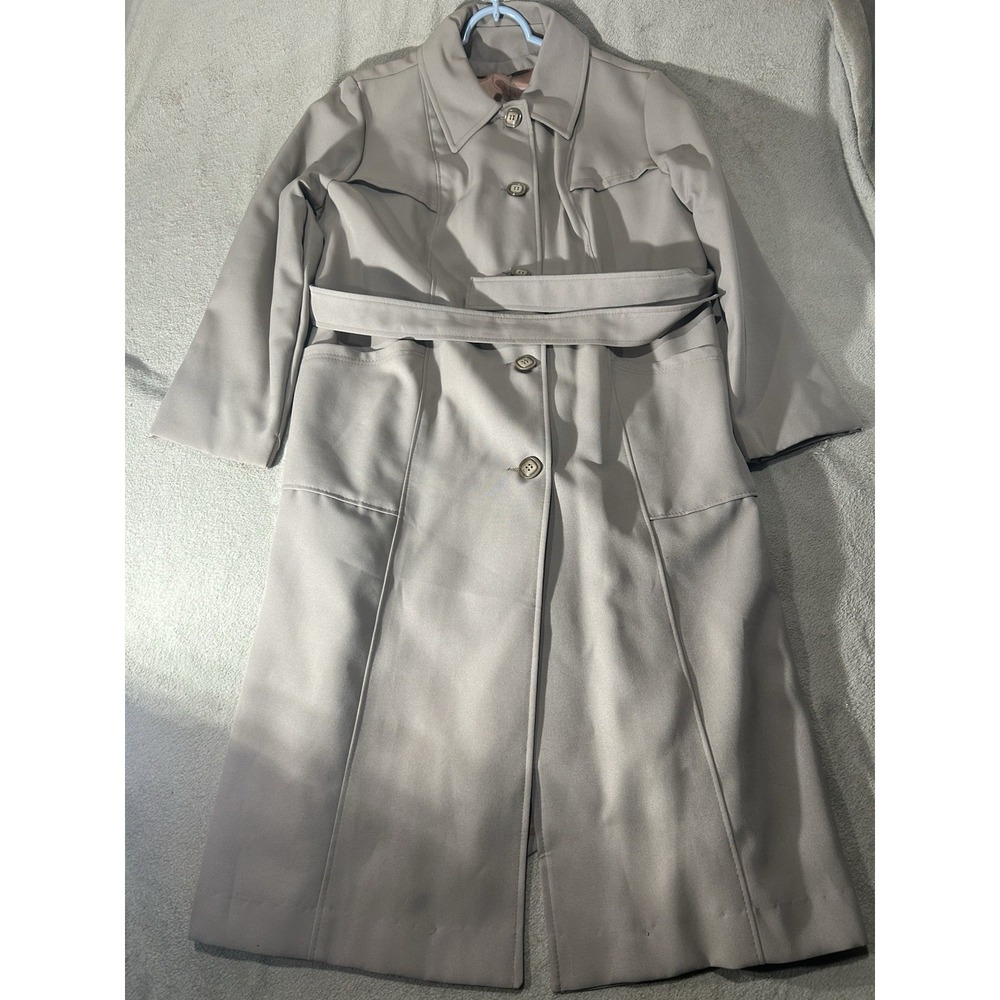 Vintage ILGWU Union Made Trench Coat Light Taupe Belted Long Jacket Womens 16 XL